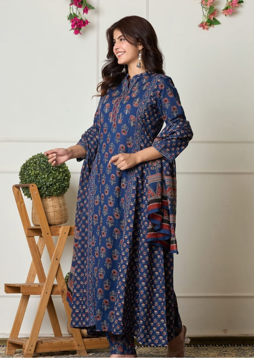 Indigo Ethnic Flair Printed Cotton Suit Set - NUTT
